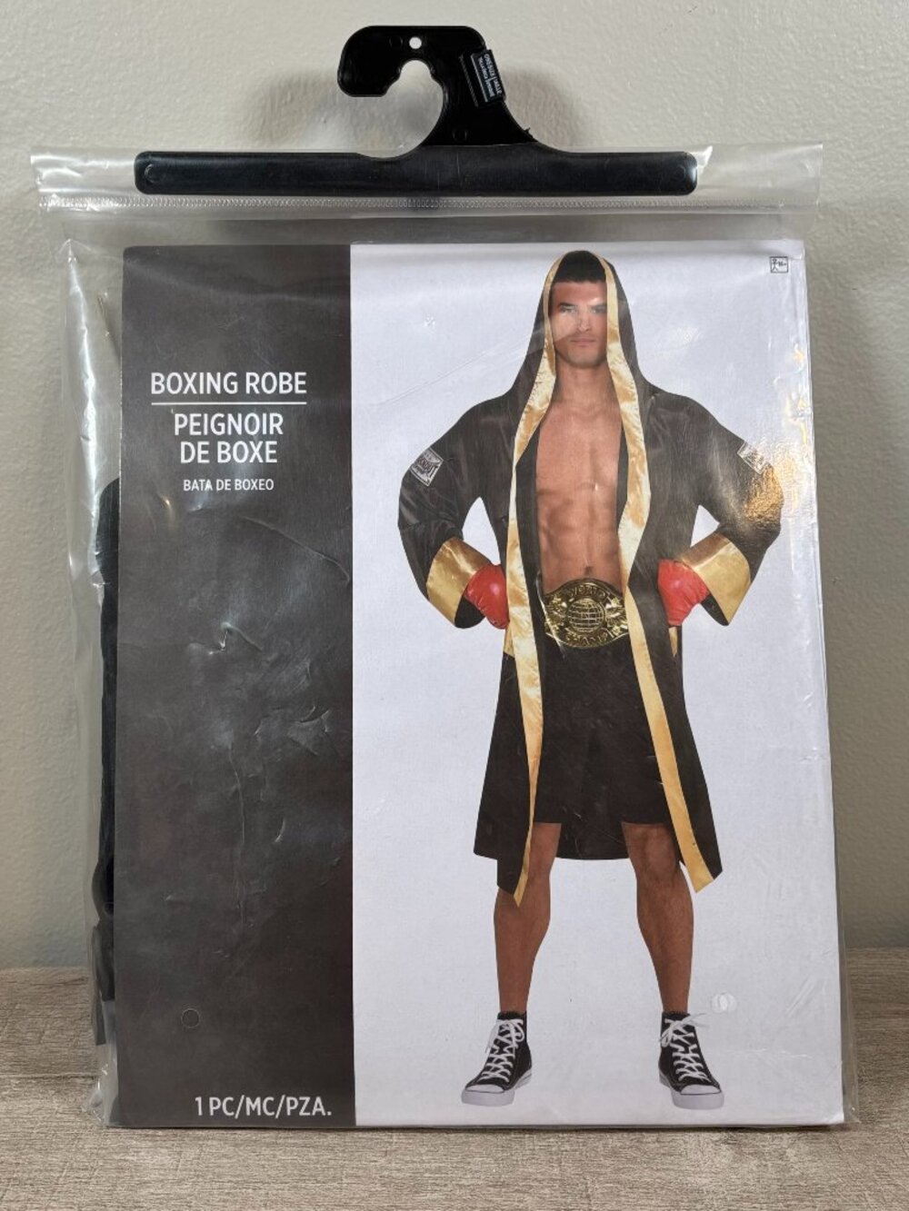 Boxing Robe Black Gold Satin Halloween Costume MMA Fighter Boxer Tyson